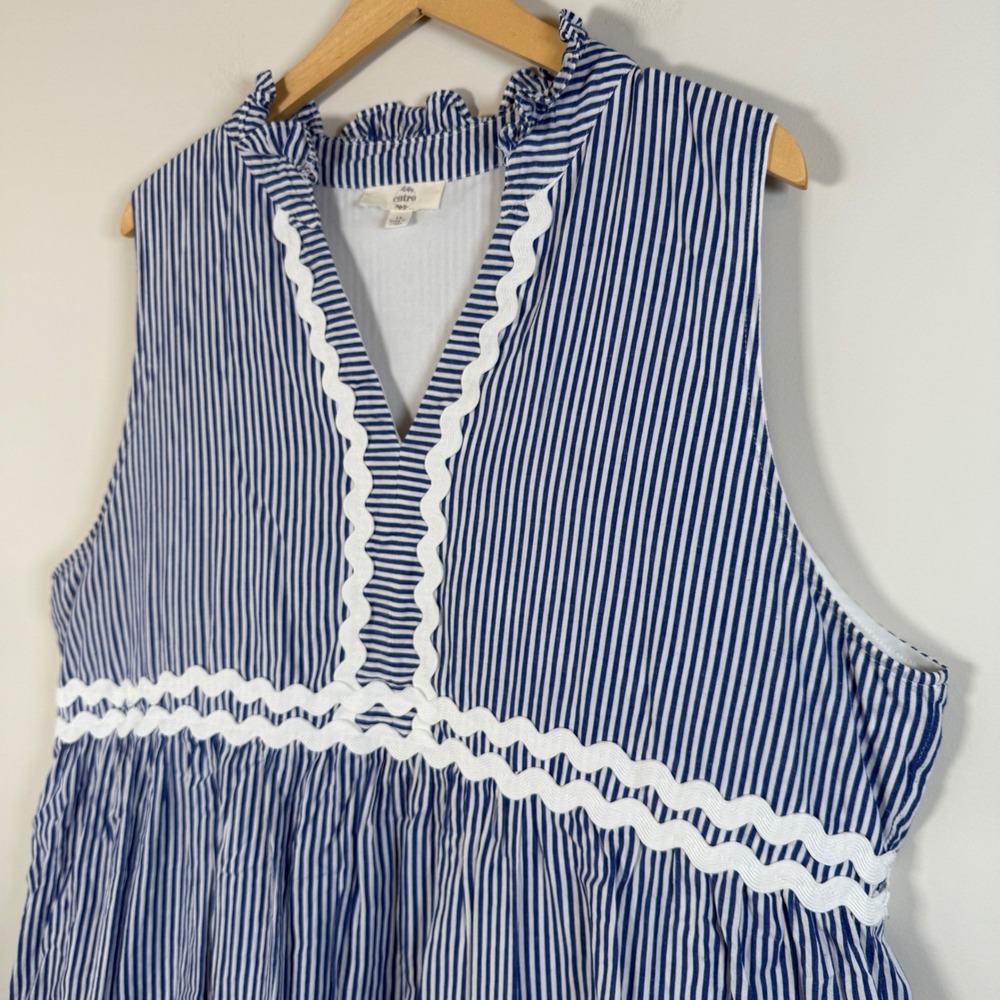 Entro Striped Ric Rac Tiered Babydoll Tank Top Blouse 1X Sleeveless V-Neck - Picture 2 of 5